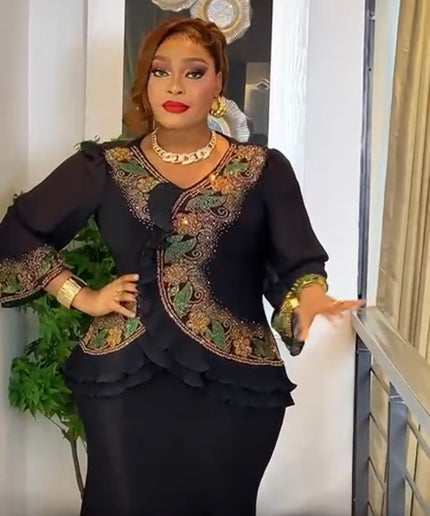 Black Rhinestone-Embellished Ruffle Peplum Maxi Dress: Wedding Guest Outfit