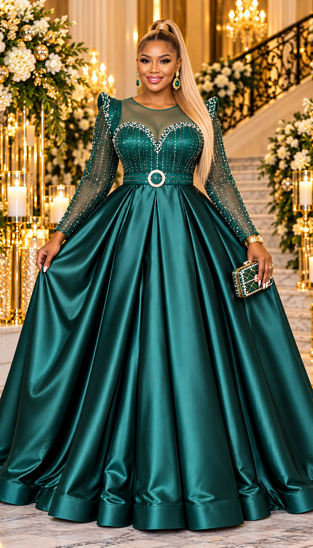 "The Grand Entrance" Green Embellished Long Sleeve Pleated Formal Gown for Mother of The Bride Church Reception Wedding Guest Holiday Party Cocktail