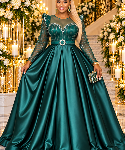 "Holiday Photoshoot Dress" Red Embellished Long Sleeve Pleated Formal Gown for Mother of The Bride Church Reception Wedding Guest Party Cocktail