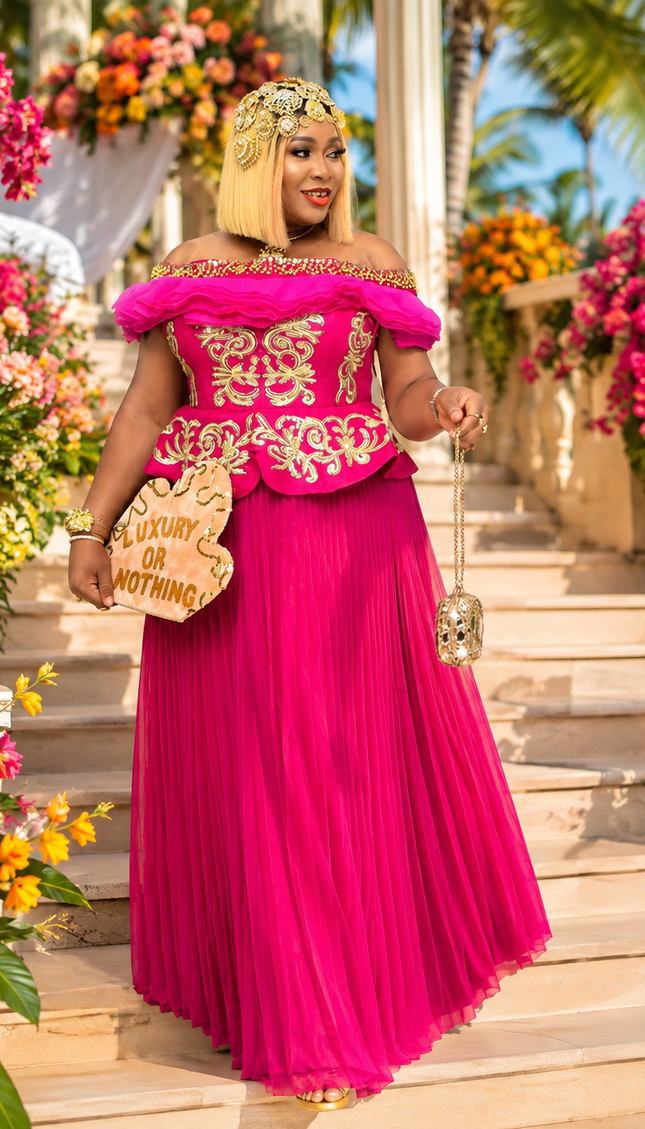 Pink Off-The-Shoulder Ruffle Embellished Pleated A-Line Dress for Wedding Guest Attire Mother of The Bride Formal Evening Gown Birthday Party