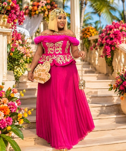 Pink Off-The-Shoulder Ruffle Embellished Pleated A-Line Dress for Wedding Guest Attire Mother of The Bride Formal Evening Gown Birthday Party