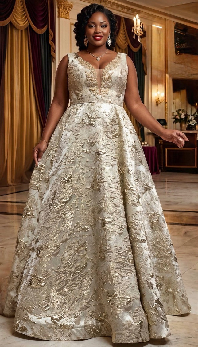 Gold Floral Brocade Embellished Sleeveless Twirl A-Line Cocktail Dress Plus Size Formal Evening Gown for Wedding Mother of The Bride Birthday Party