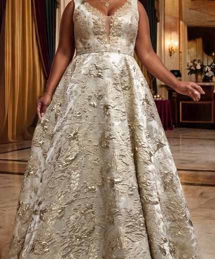 Gold Floral Brocade Embellished Sleeveless Twirl A-Line Cocktail Dress Plus Size Formal Evening Gown for Wedding Mother of The Bride Birthday Party