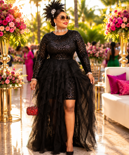 "The Compliment Collector" Red Sequin Wedding Guest Dress with Ruffle Tulle Overlay Formal Cocktail Party Mother of The Bride Celebrant Special Occasion Gown