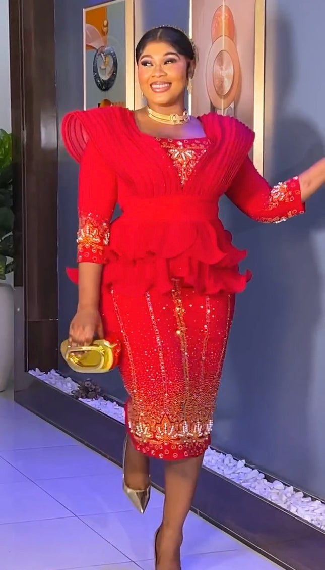 White  Dramatic Ruffle Shoulder Rhinestone-Embellished Peplum Midi Dress: Wedding Guest Cocktail Birthday Dinner