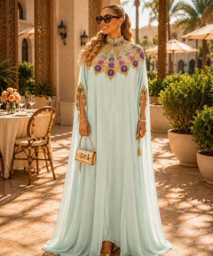 "Talk of The Party" Crystal Beaded Hand-Embellished Chiffon Kaftan Dress with Arm Tassels, Floor-Length Formal Evening Gown for Birthday Party Dinner Wedding Guest Mother of The Bride Gala Holiday Cocktail Reception
