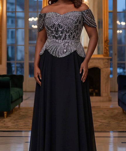 Black Off Shoulder Embellished A-Line Dress for Mother of The Bride Gown Wedding Guest Party