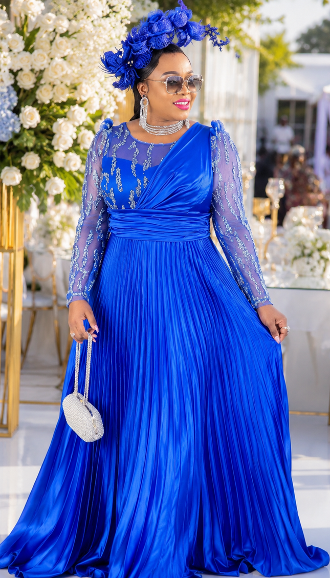 Luxury Blue Beaded Pleated A-Line Formal Evening Gown for Wedding Guest Birthday Photoshoot Cocktail Party Dinner Gala Reception Dress
