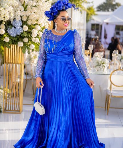 Luxury Blue Beaded Pleated A-Line Formal Evening Gown for Wedding Guest Birthday Photoshoot Cocktail Party Dinner Gala Reception Dress