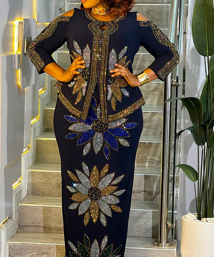 White Rhinestone Embellished Cold Shoulder Peplum Maxi Dress for Engagement Cocktail Party Reception Mother of The Bride Wedding Birthday Photoshoot