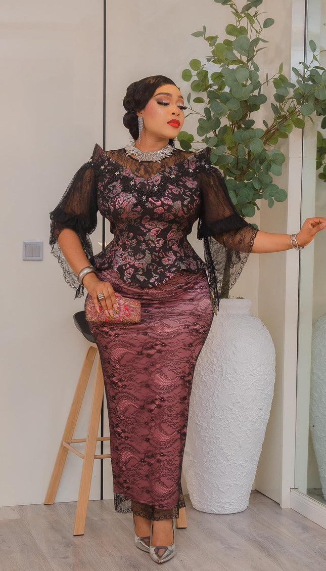 Black Brocade Beaded Structured Shoulder Peplum Dress Birthday Party Cocktail Wedding Guest Outfit Mother of The Bride Attire