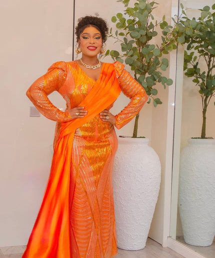 Sexy Orange Sequin Long Sleeve Draped Maxi Dress: Wedding Birthday Anniversary Gala