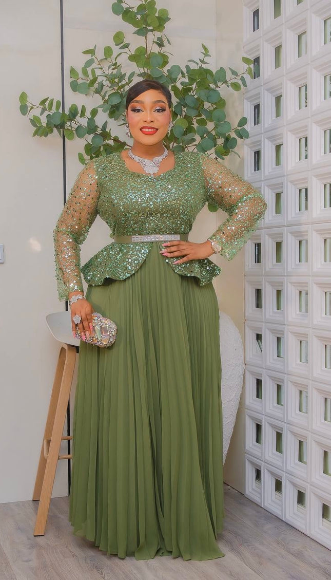 Green Sequin Peplum Pleated A-Line Dress for Wedding Guest Birthday Party Church Gala Anniversary Cocktail