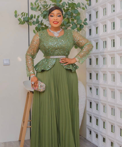 Green Sequin Peplum Pleated A-Line Dress for Wedding Guest Birthday Party Church Gala Anniversary Cocktail