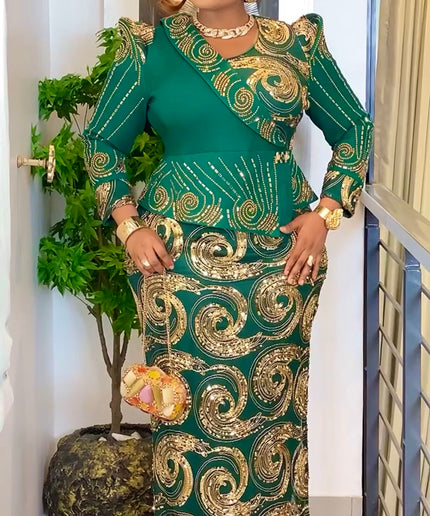 Green Sequin Embellished Peplum Maxi Dress: Wedding Guest Outfit Mother of The Bride Attire Birthday Party Cocktail Anniversary