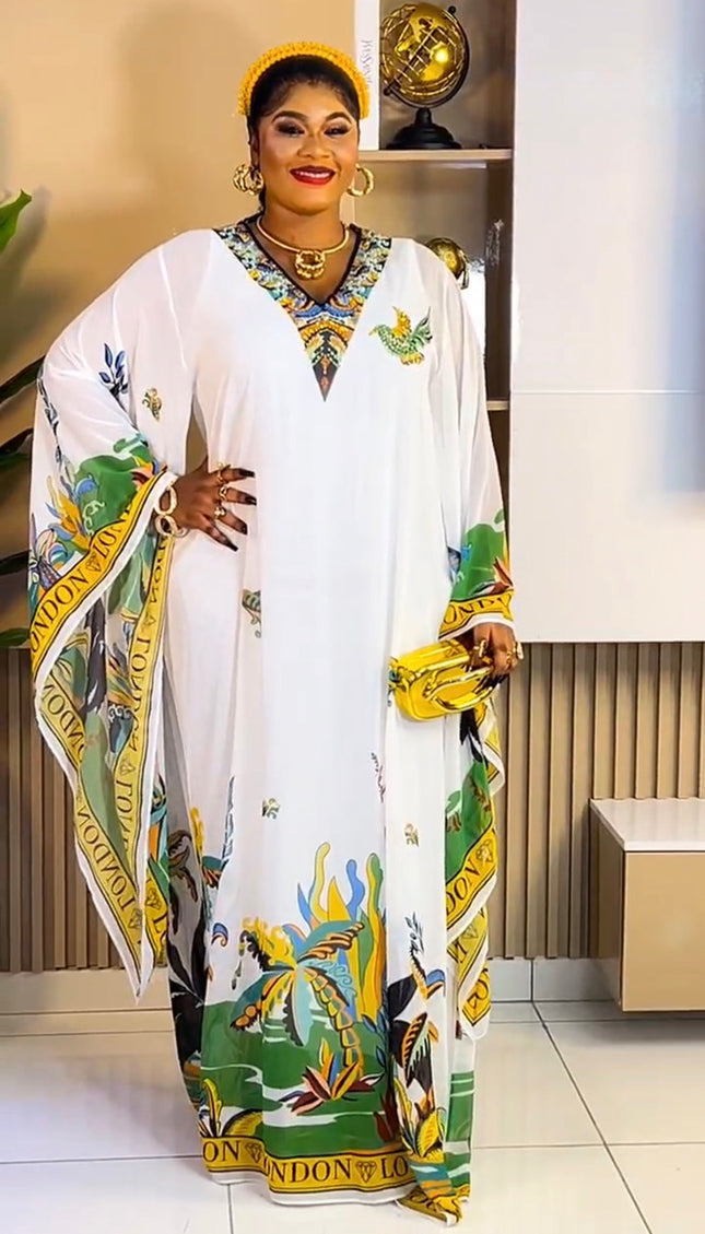 White Crystal-Embellished Bell Sleeve Kaftan Maxi Dress for Party Cocktail Mother of The Bride Wedding Guest Graduation Outfit