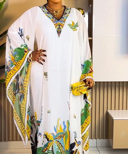 White Crystal-Embellished Bell Sleeve Kaftan Maxi Dress for Party Cocktail Mother of The Bride Wedding Guest Graduation Outfit