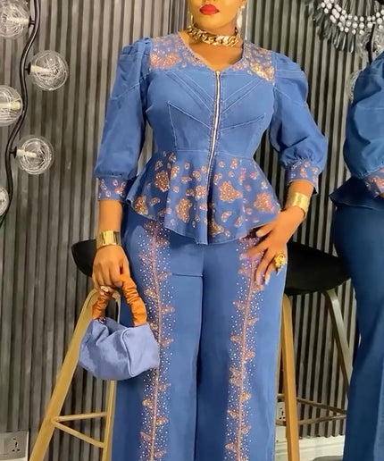 Denim and Diamonds 2 Piece Jeans Matching Peplum Top + Wide Pants Birthday Outfit Curvy Plus Size Party Wear