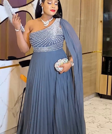 One Shoulder Mother of The Bride A-Line Gown, Elegant Wedding Guest Dress Long Maxi Pleated, Cocktail Reception Evening Wear