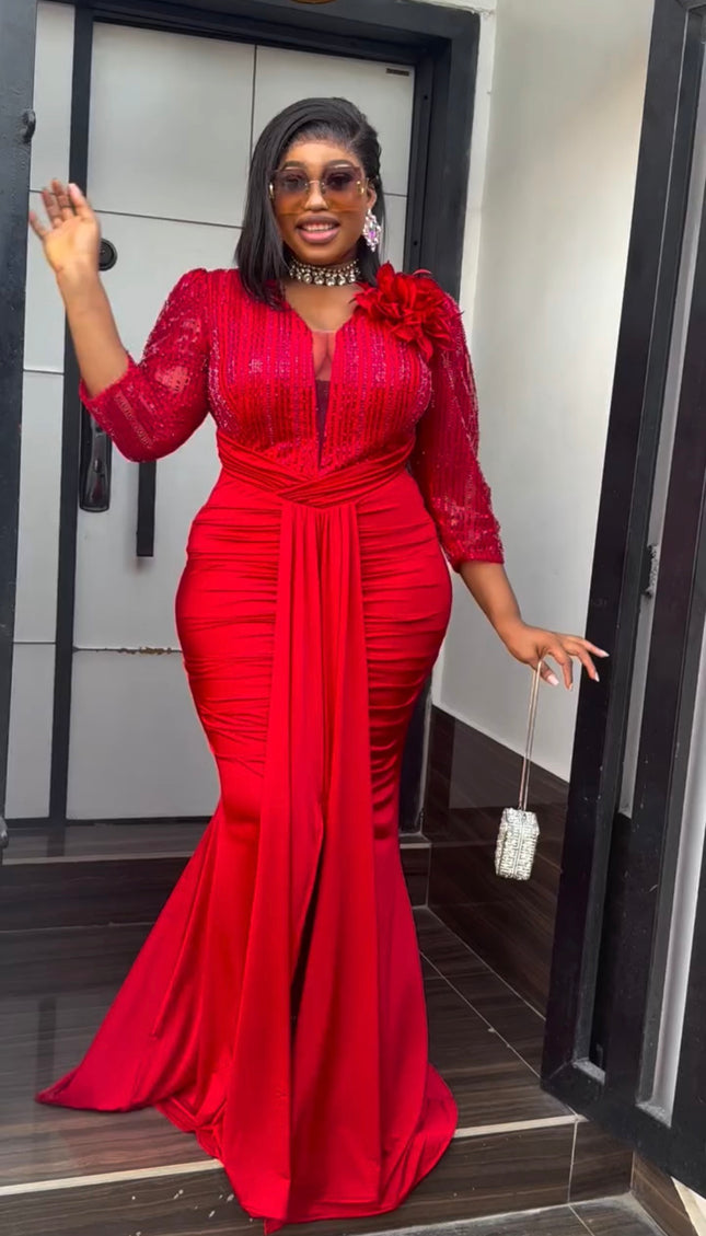 White Embellished 3D Flower Ruched Draped Maxi Dress for Engagement Ceremony Wedding Guest Anniversary Dinner Cocktail Photoshoot