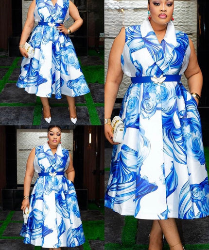 Summer Wedding Guest Dress Blue Floral Sleeveless Twirl Skater Pleated Midi Dress Engagement Ceremony Church Graduation Dinner Birthday Party Cocktail Outfit