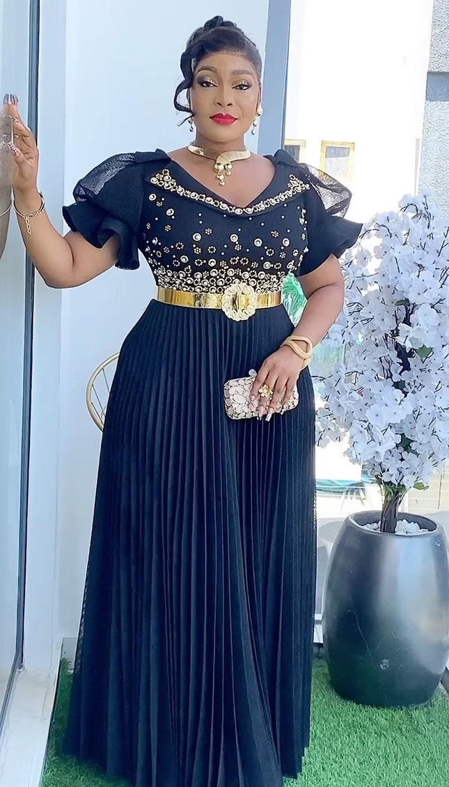 Ruffle Sleeve Embellished Pleated Maxi Dress