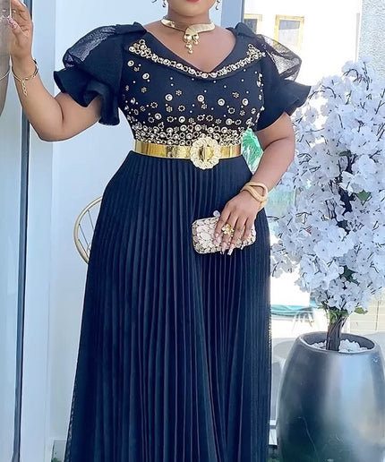 Ruffle Sleeve Embellished Pleated Maxi Dress