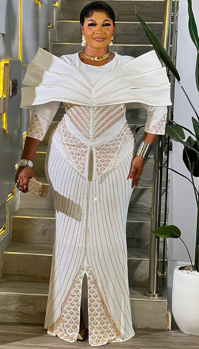 Elegant White Rhinestone Embellished Structured Shoulder Dress Wedding Guest Birthday Party Cocktail Church Gala Anniversary Mother of The Bride Outfit