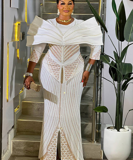 Elegant White Rhinestone Embellished Structured Shoulder Dress Wedding Guest Birthday Party Cocktail Church Gala Anniversary Mother of The Bride Outfit