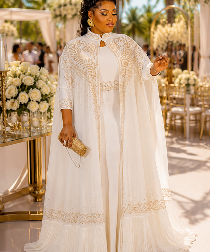 White Embellished Pleated Kaftan Dress for Anniversary Gala Cocktail Dinner Birthday Party Outfit Wedding Guest Formal Evening Gown