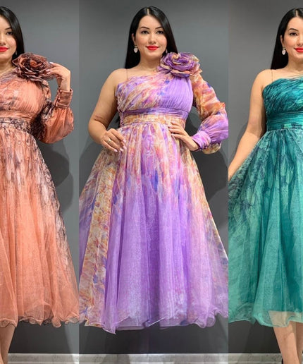 One Shoulder Gold Summer Wedding Guest Dress, Curvy Mother of The Bride A Line Dress Rosette Tea Length Twirl Midi, Plus Size Party Cocktail Gala