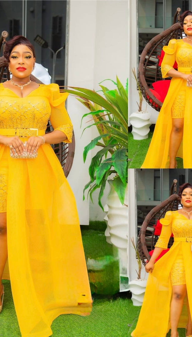 Yellow Embellished Draped Ruffle Sleeve Gown