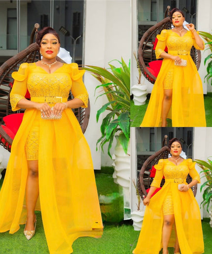 Yellow Embellished Draped Ruffle Sleeve Gown