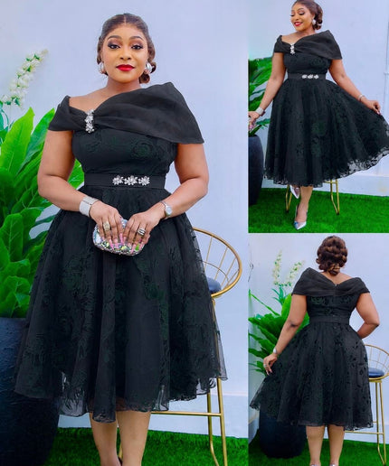 Red Off-Shoulder Rhinestone Embellished Twirl Skater Midi Dress Wedding Guest Cocktail Party Dinner Birthday Church Gala Anniversary