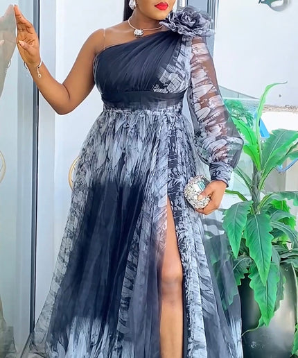 One Shoulder Tulle A-Line Maxi Gown with Slit, Mother of The Bride Plus Size Blue Summer Wedding Guest Gown Birthday Party Cocktail Gala