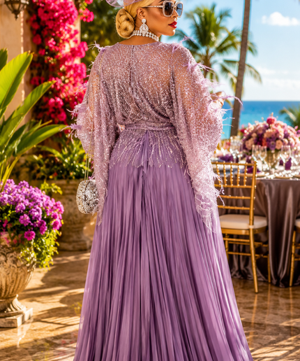 "The Showstopper" Gold Embellished Feathered Pleated Twirl A-Line Maxi Dress Floor-Length Formal Evening Gown for Mother of The Bride Wedding Guest Bridal Dinner Celebrant Birthday Party Engagement Ceremony Holiday Photoshoot