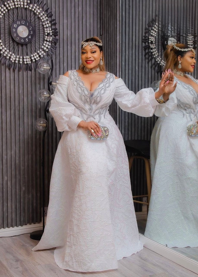 White Metallic Brocade Cold Shoulder Embellished A-Line Gown - Bridal Photoshoot Mother of The Groom or Bride Anniversary Engagement