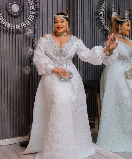 White Metallic Brocade Cold Shoulder Embellished A-Line Gown - Bridal Photoshoot Mother of The Groom or Bride Anniversary Engagement