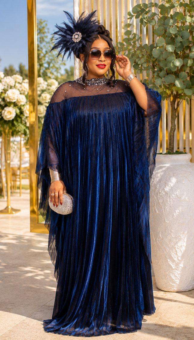 Stunning Blue Embellished Pleated Asymmetrical Kaftan Maxi Dress: Wedding Guest Attire Mother of The Bride Church Gala Cocktail Reception Birthday Party