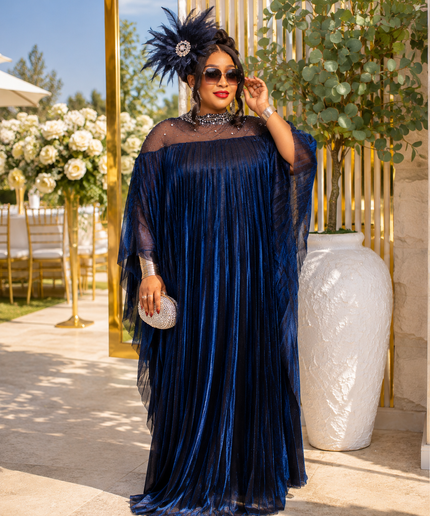 Stunning Blue Embellished Pleated Asymmetrical Kaftan Maxi Dress: Wedding Guest Attire Mother of The Bride Church Gala Cocktail Reception Birthday Party