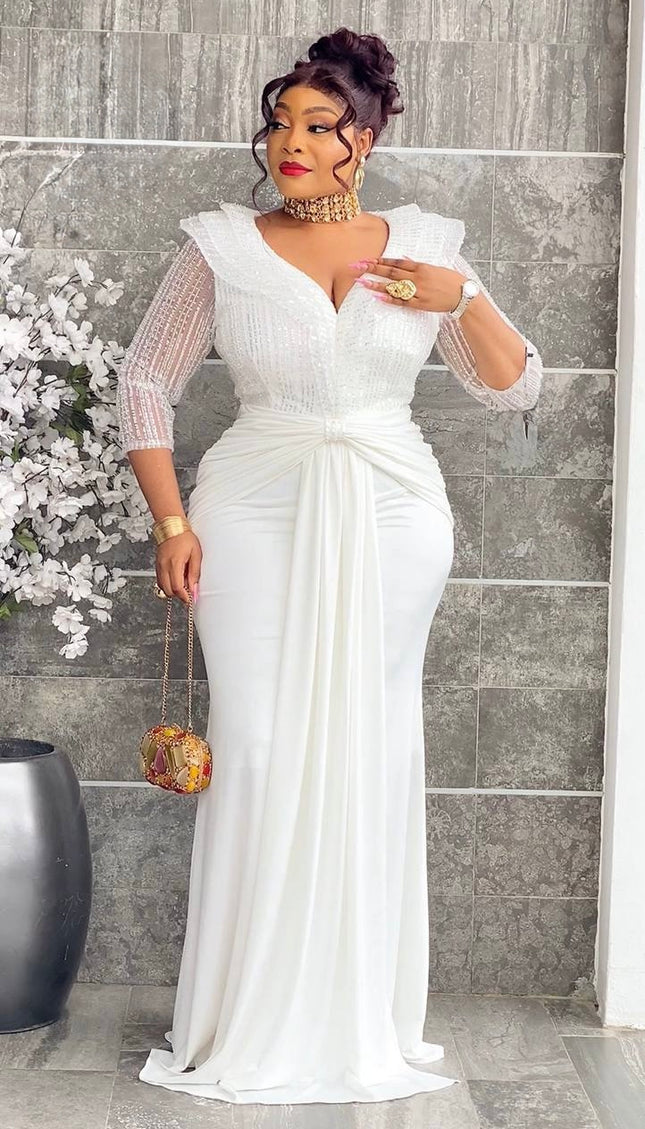 Statement White Sequin Ruched Maxi Dress Draped - Bridal Civil Wedding Guest Photoshoot Birthday Party Reception Engagement