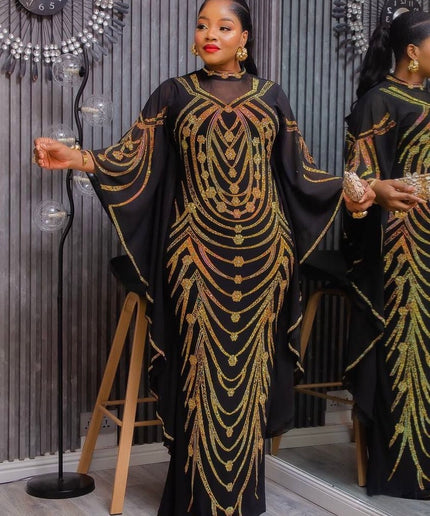Luxury Black Kaftan with Rhinestones - African Wedding Guest Dress Nigerian Engagement Ceremony Dinner Gala