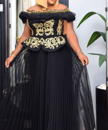 Black Off-Shoulder Embellished Pleated Twirl A-Line Dress: Wedding Guest Attire Engagement Ceremony Birthday Photoshoot