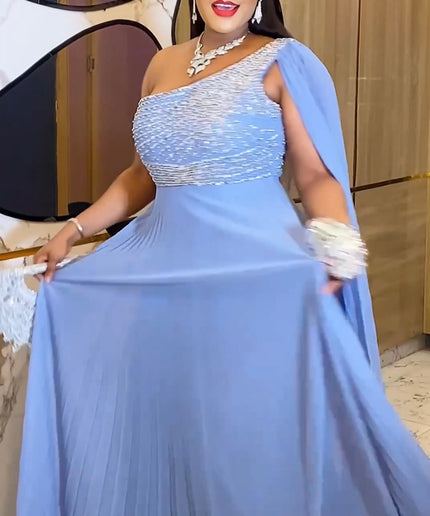 One Shoulder Mother of The Bride A-Line Gown, Elegant Wedding Guest Dress Long Maxi Pleated, Cocktail Reception Evening Wear