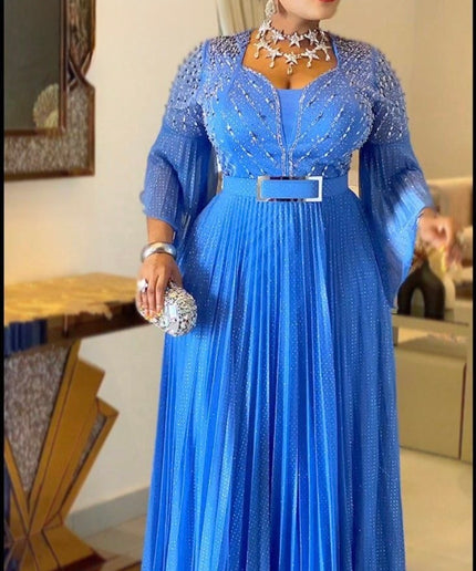Glamorous Gold Embellished Wide Sleeve Pleated Maxi Dress, Floor Length Formal Evening Gown for Mother of The Bride Wedding Guest Cocktail Gala Anniversary Plus Size