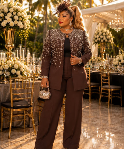 "Pretty in Pink" Rhinestone Embellished 3-Piece Wide-Leg Pant Suit Set, Jacket Pants Camisole: Formal Wedding Guest Holiday Cocktail Party Church Reception Anniversary Mother of The Bride