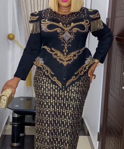 Black Embellished Peplum Long Sleeve Maxi Dress - Plus Size