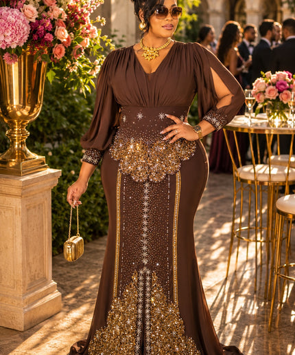 "RSVP Ready" Brown Rhinestone Split Sleeve Maxi Dress for Wedding Guest Cocktail Party Formal Evening Gown Plus Size
