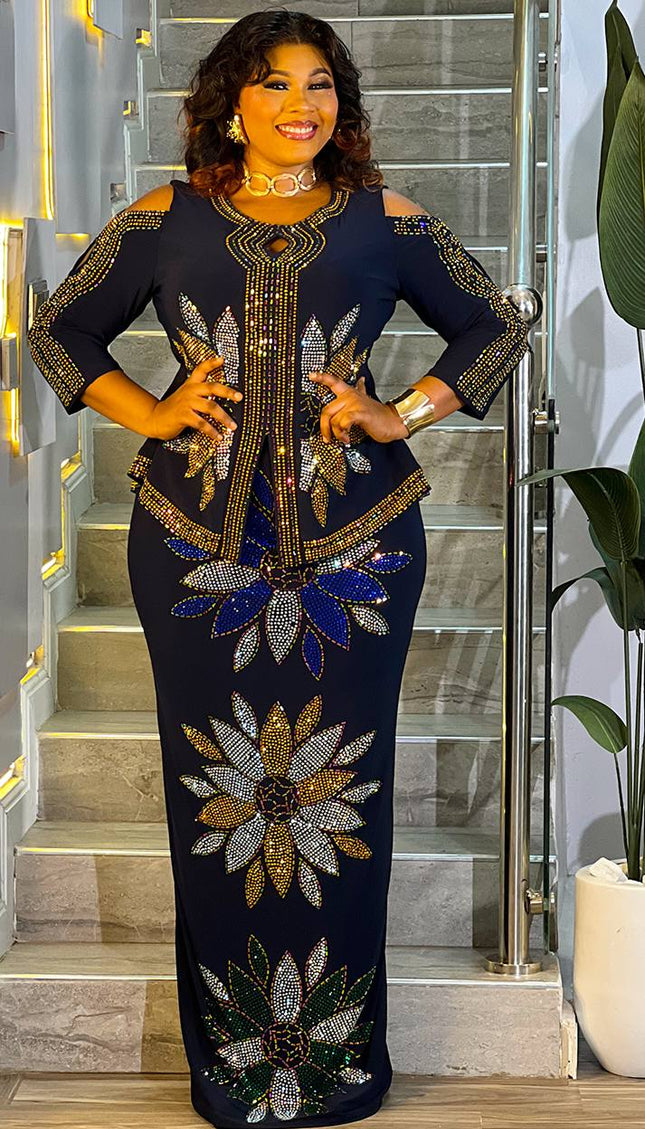 White Rhinestone Embellished Cold Shoulder Peplum Maxi Dress for Engagement Cocktail Party Reception Mother of The Bride Wedding Birthday Photoshoot