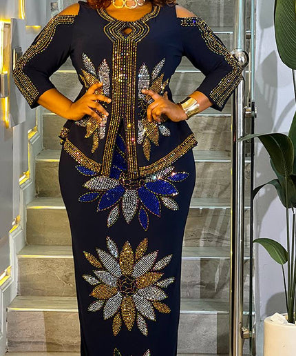 White Rhinestone Embellished Cold Shoulder Peplum Maxi Dress for Engagement Cocktail Party Reception Mother of The Bride Wedding Birthday Photoshoot